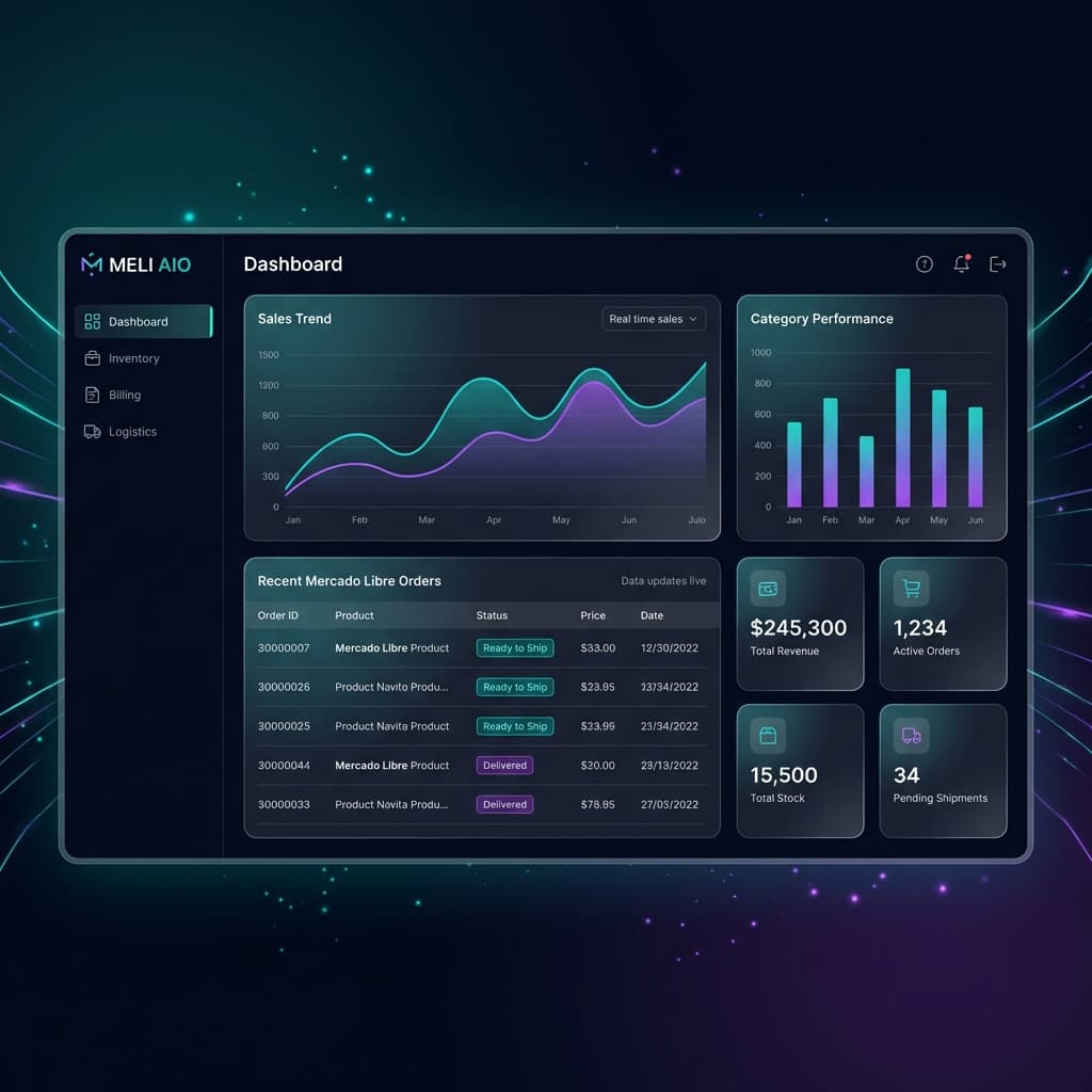 Dashboard de gestión e-commerce MELI AIO con FastAPI y Next.js mostrando facturación e inventario